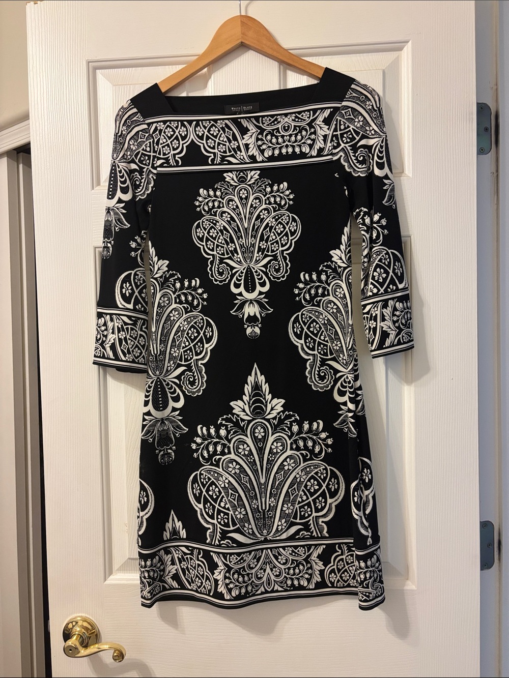 White House Black Market Black and White Damask-Print Boatneck Dress